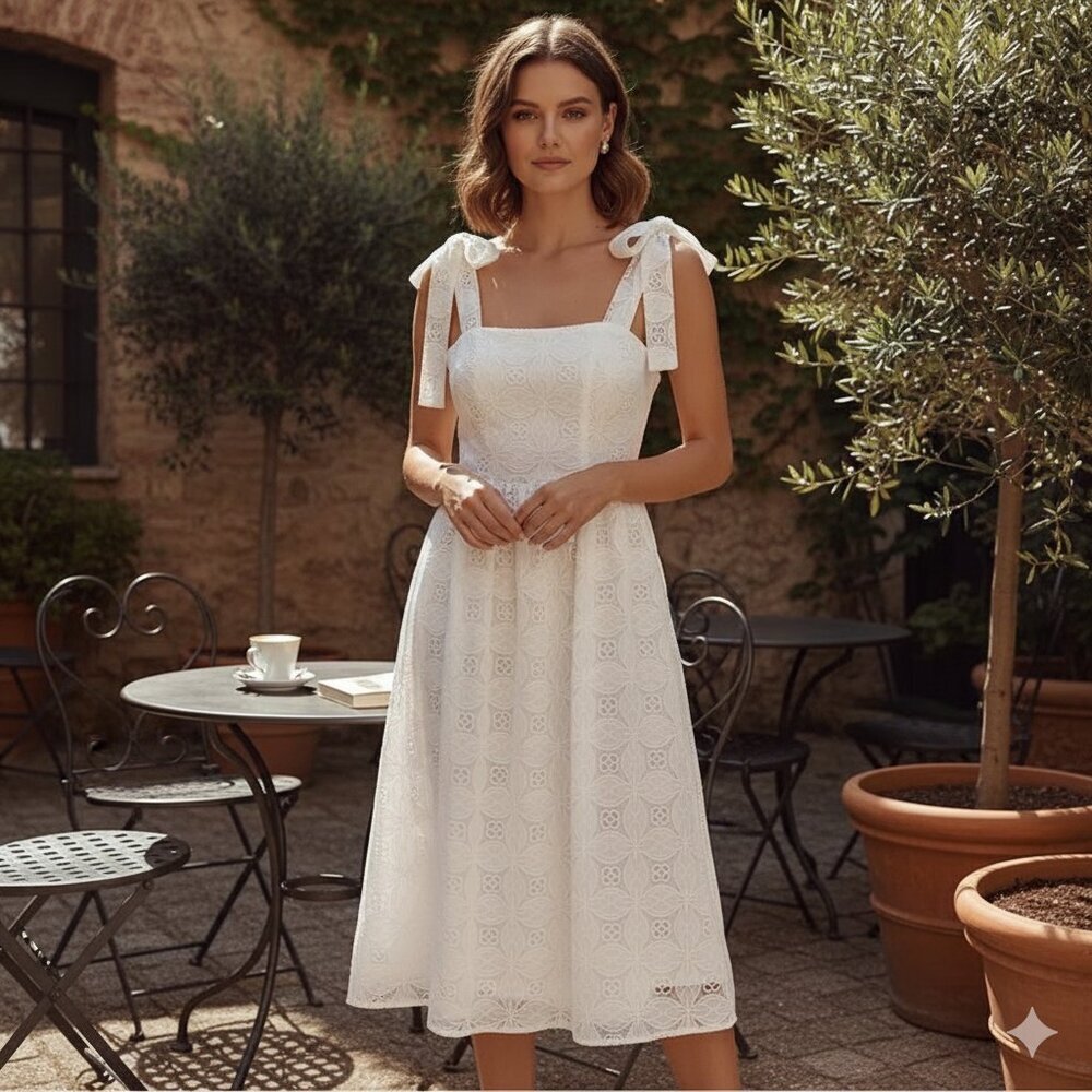Arose Studio Amber Square Neck Bow Tie Strap Floral Embroidered Midi Dress Ivory